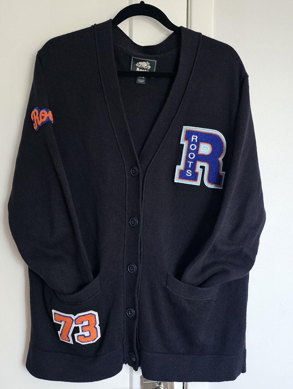 Roots Black Cardigan with Blue and Orange Varsity Patches Mens XL - Read